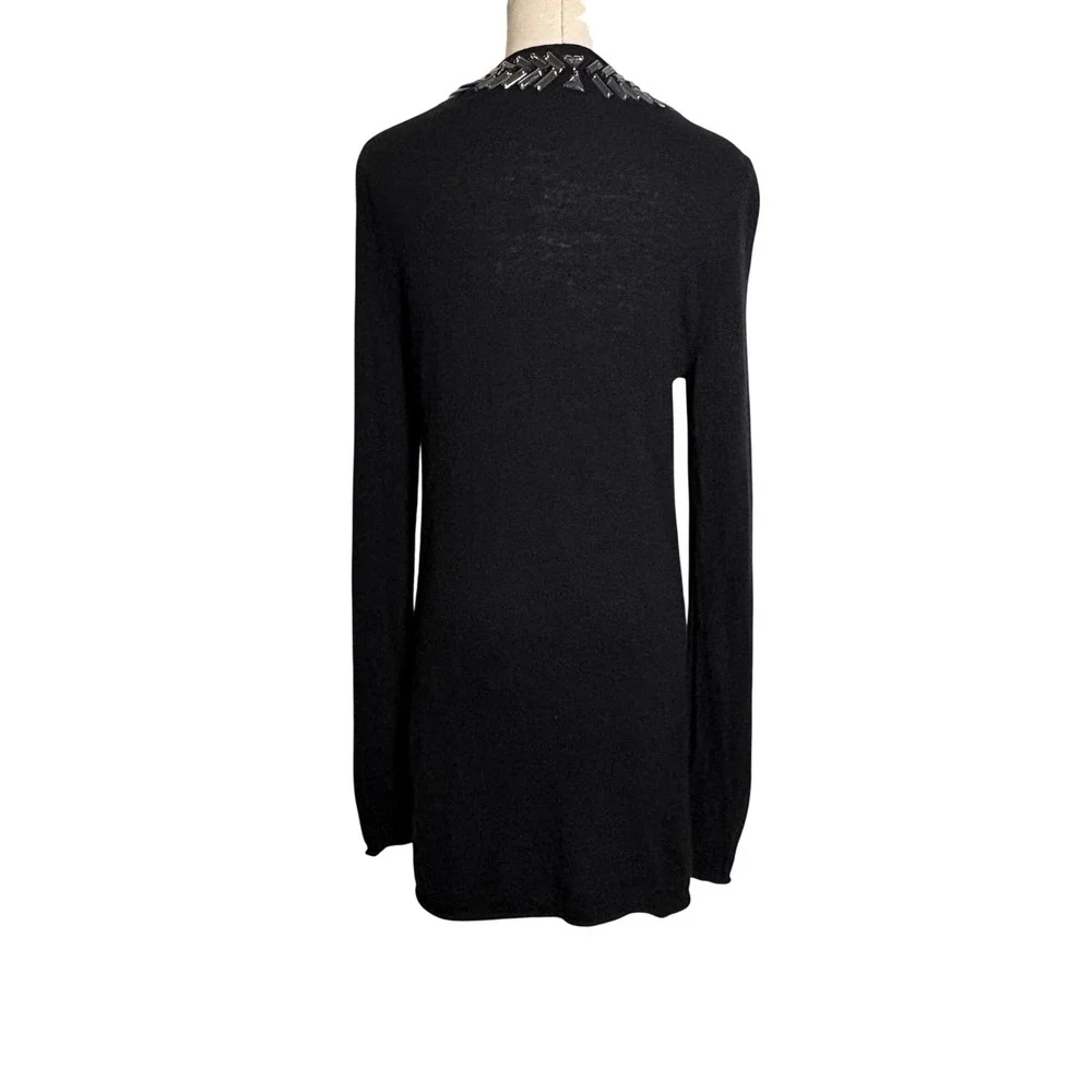 Tory Burch Black Wool Beaded Tunic Sweater Split Neck Baguette Beads Medium